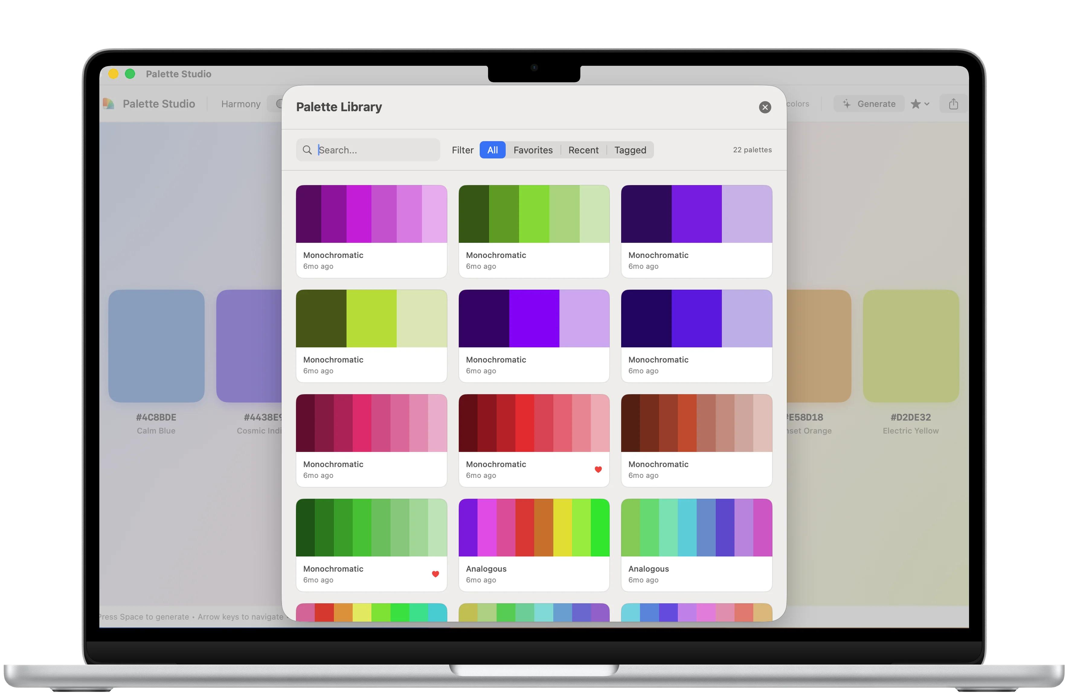 Palette Studio color adjustment screen framed in a MacBook Air