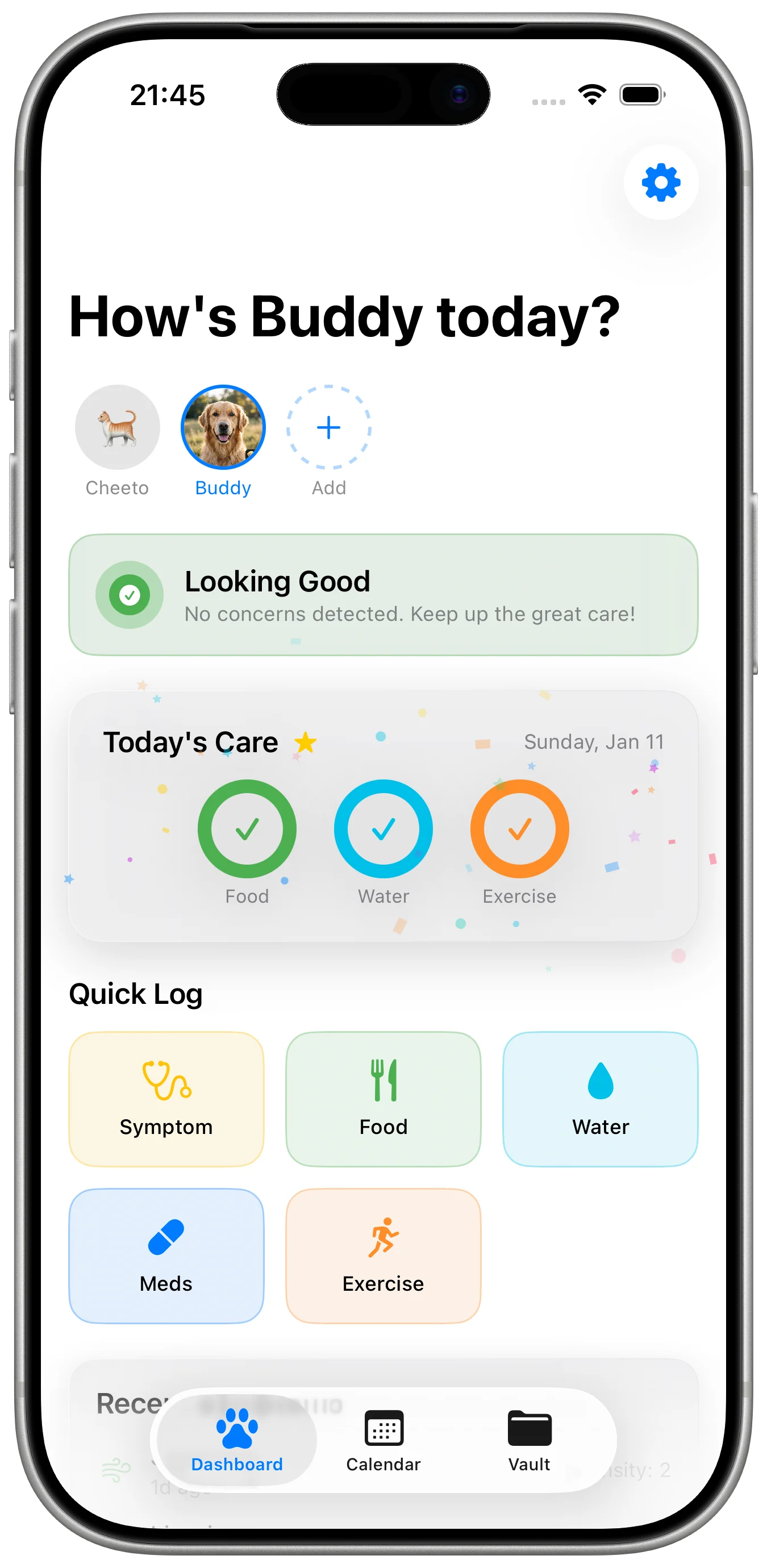 PetLog AI Health Tracker pet dashboard screen