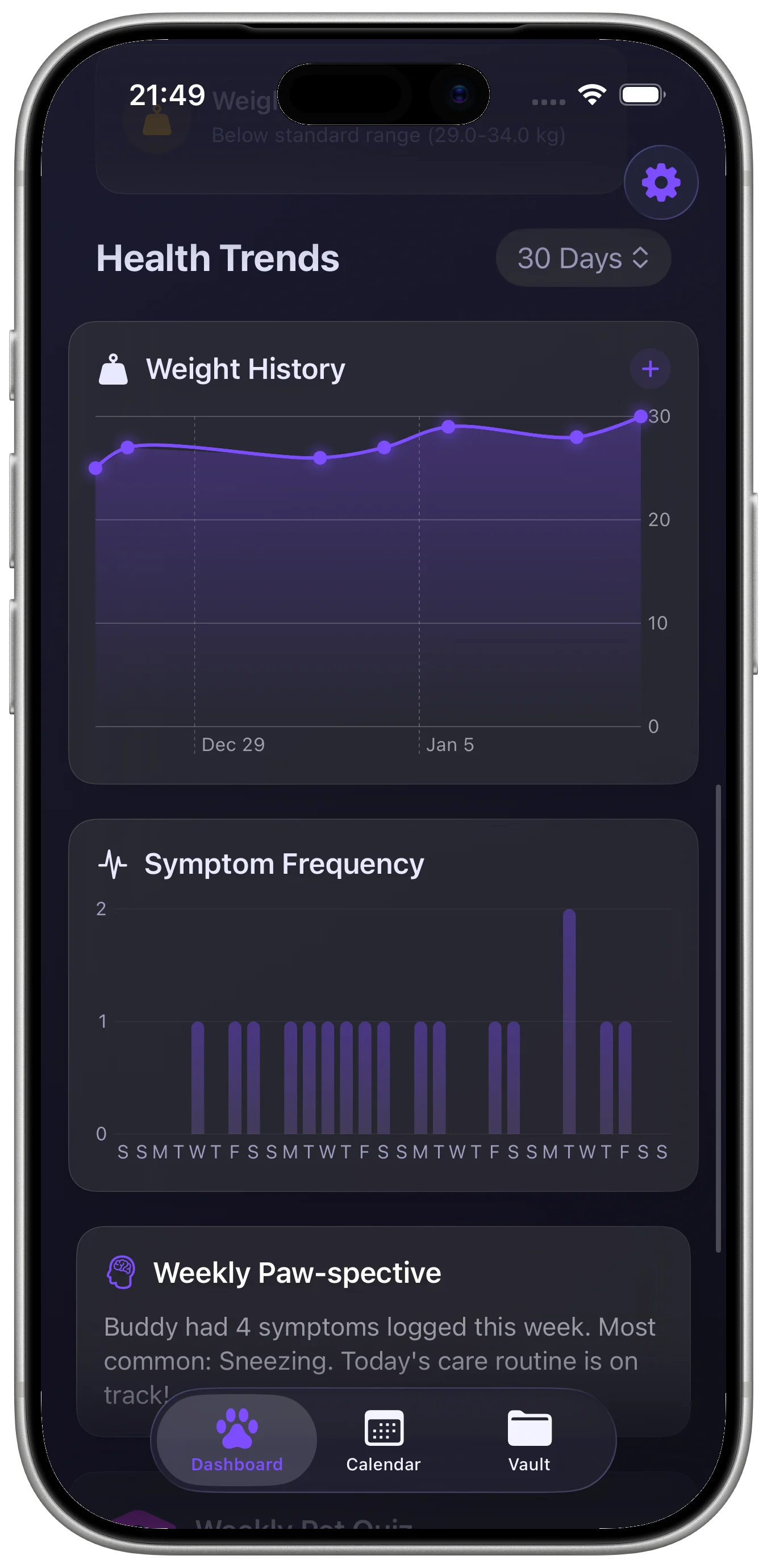 PetLog AI Health Tracker health log screen