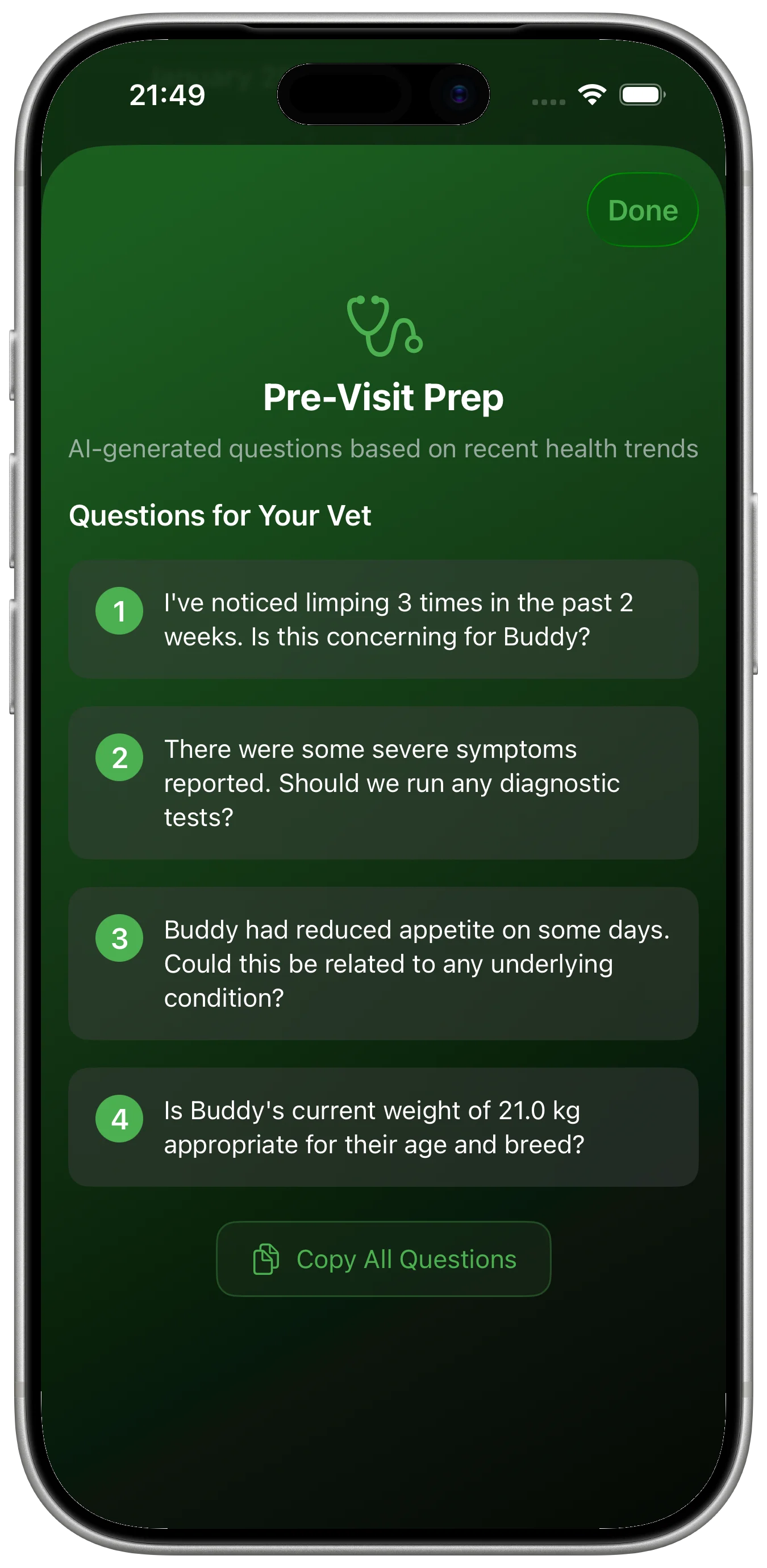 PetLog AI Health Tracker records screen
