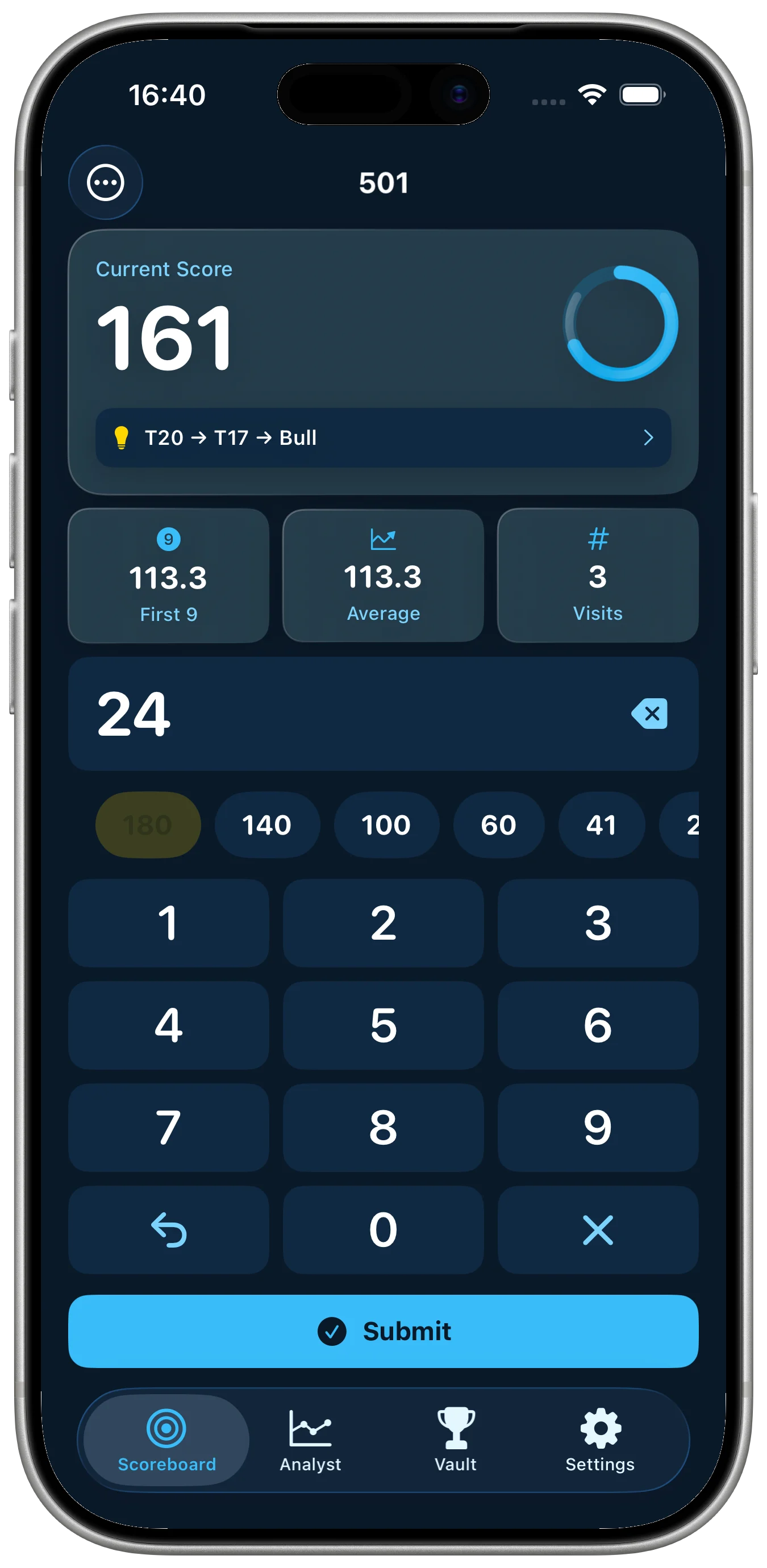 Precision Darts Scoreboard match screen