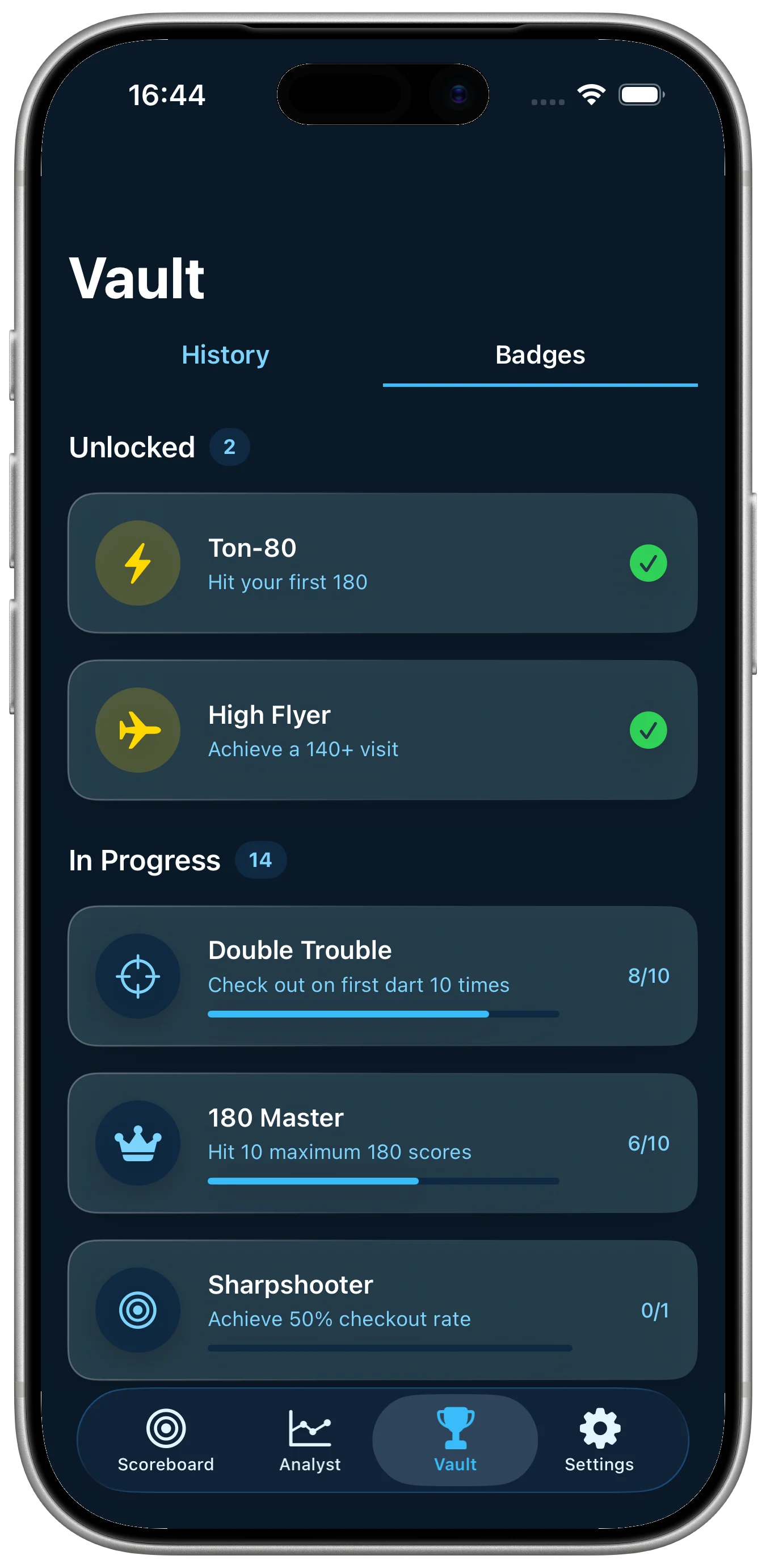 Precision Darts Scoreboard history screen