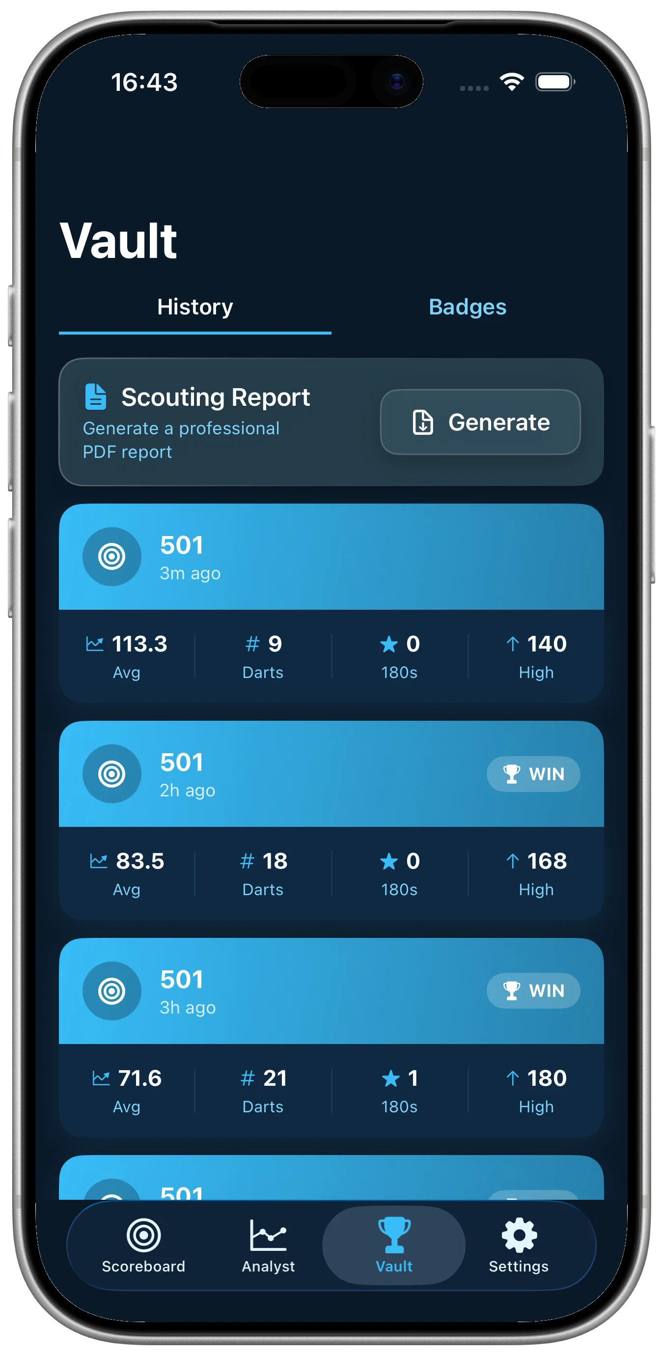 Precision Darts Scoreboard settings screen