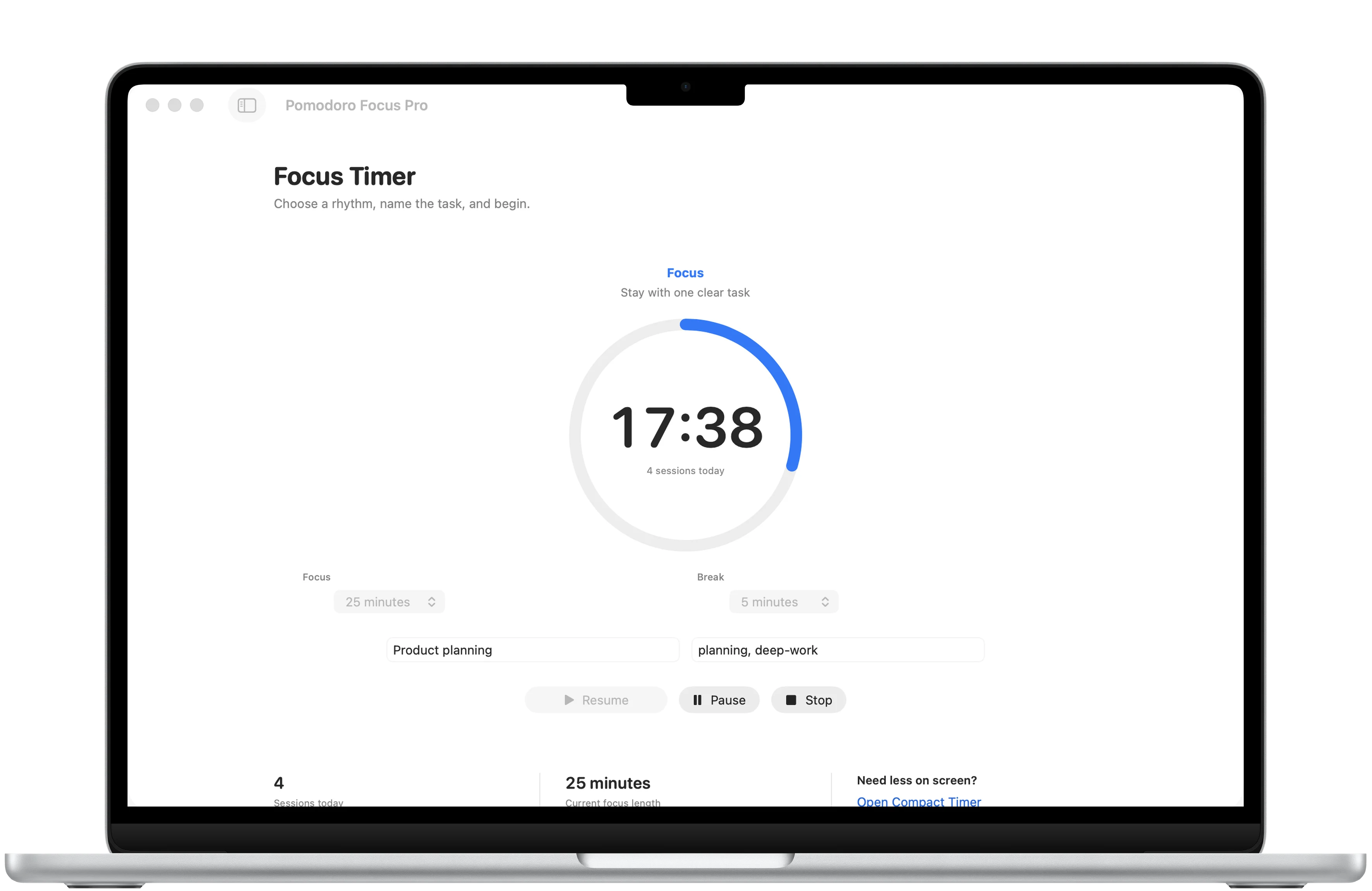 Pomodoro Focus Pro timer framed in a MacBook Air with a named focus session, tags, work duration, and break duration