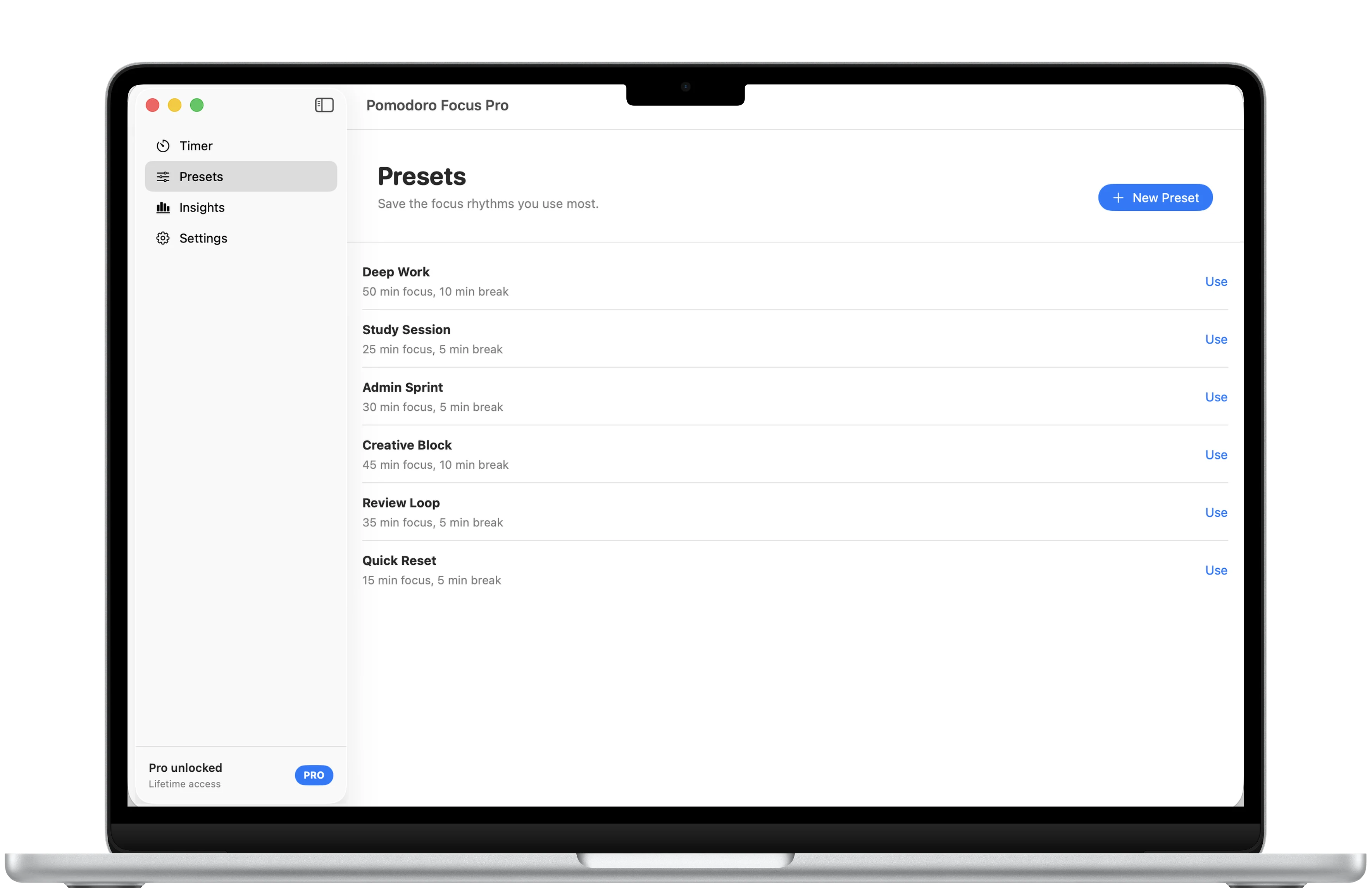 Pomodoro Focus Pro presets framed in a MacBook Air with reusable focus and break combinations