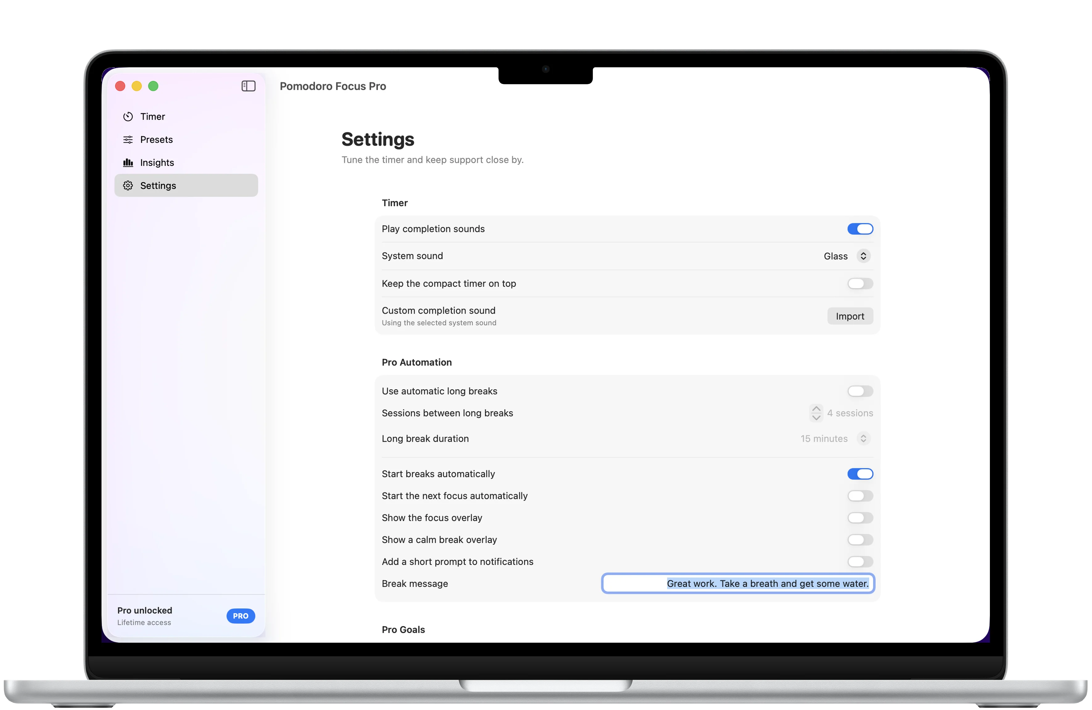 Pomodoro Focus Pro settings framed in a MacBook Air with sounds, automation, daily goal, appearance, and compact timer controls