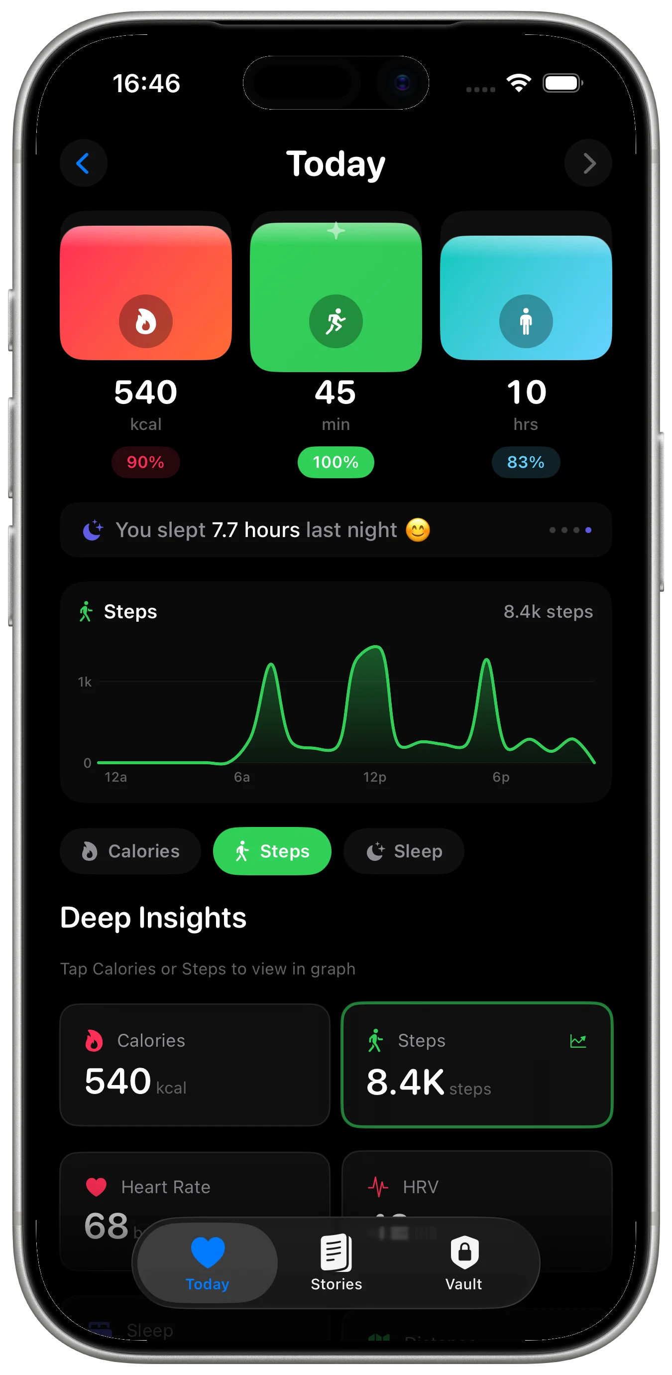 Pulse Story Today dashboard framed in an iPhone with activity, exercise, stand, sleep, steps, calories, heart rate, and HRV