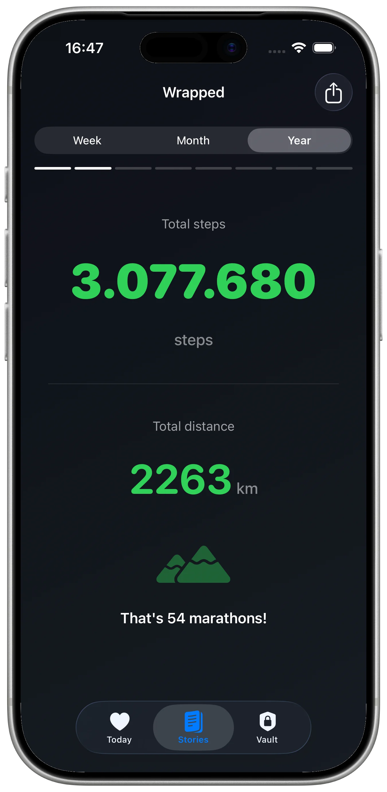 Pulse Story yearly Wrapped story framed in an iPhone with total steps and distance