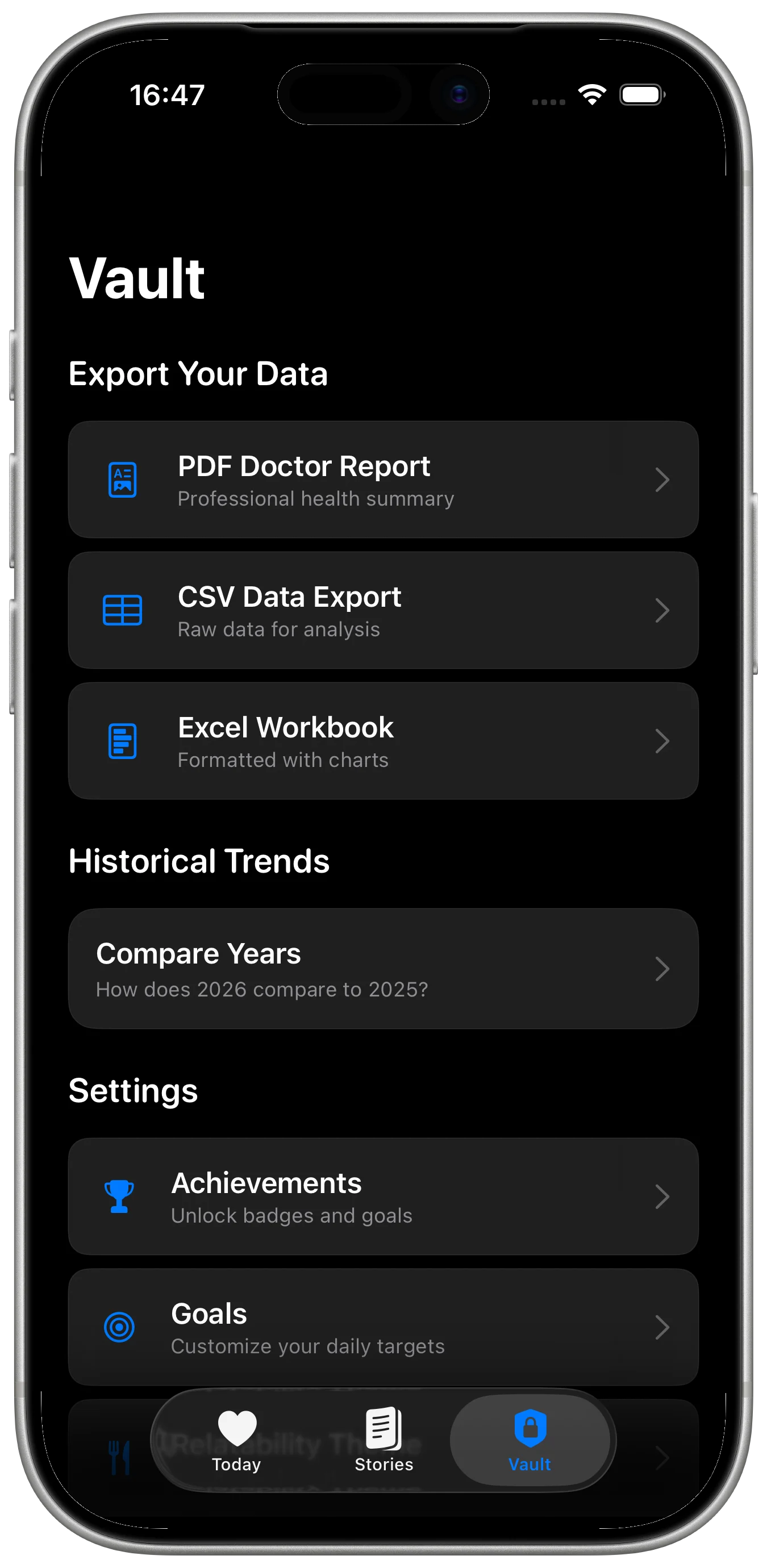 Pulse Story Vault framed in an iPhone with PDF Doctor Report, CSV export, Excel workbook, and historical trends