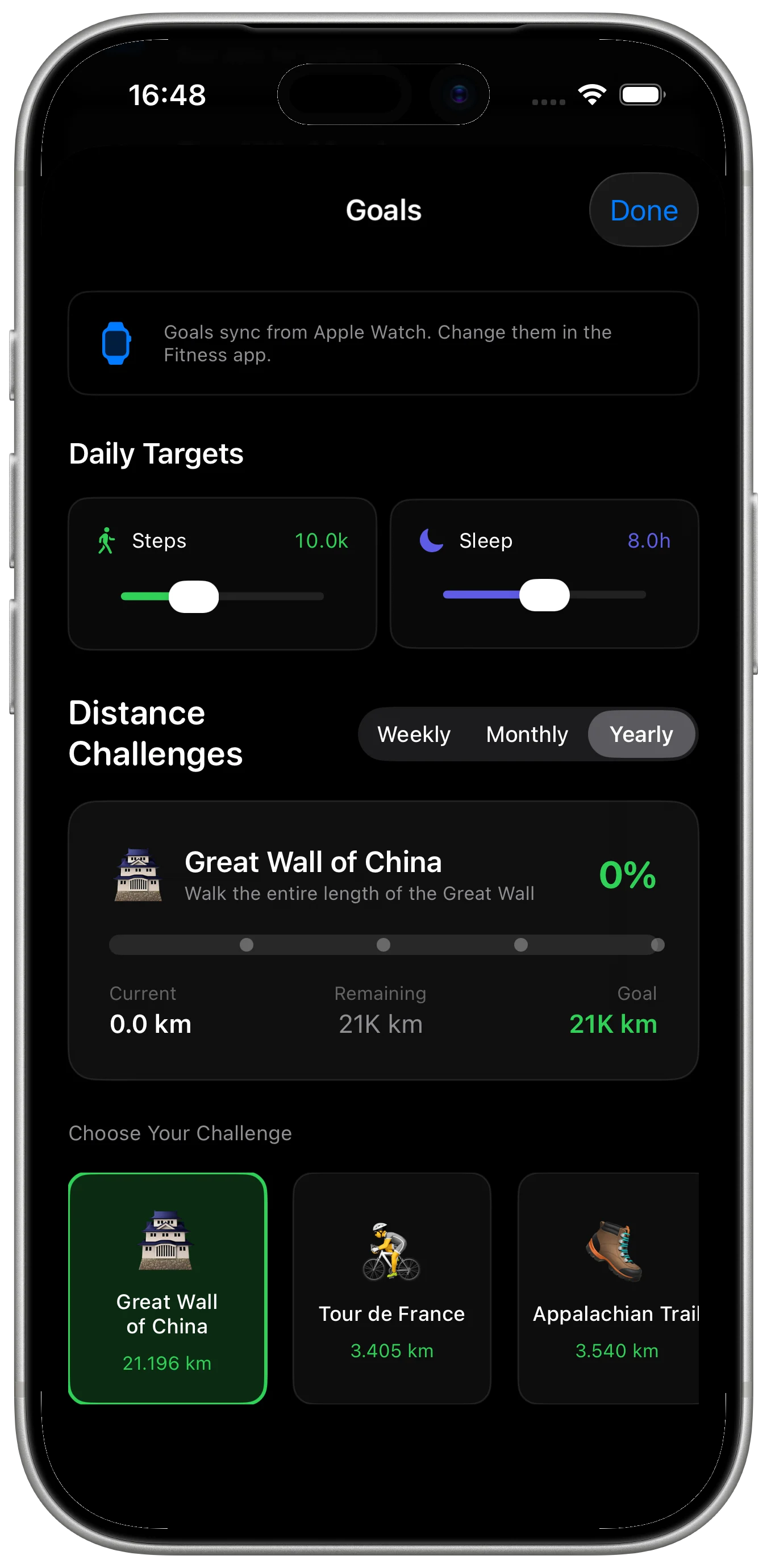 Pulse Story goals framed in an iPhone with daily targets and distance challenges