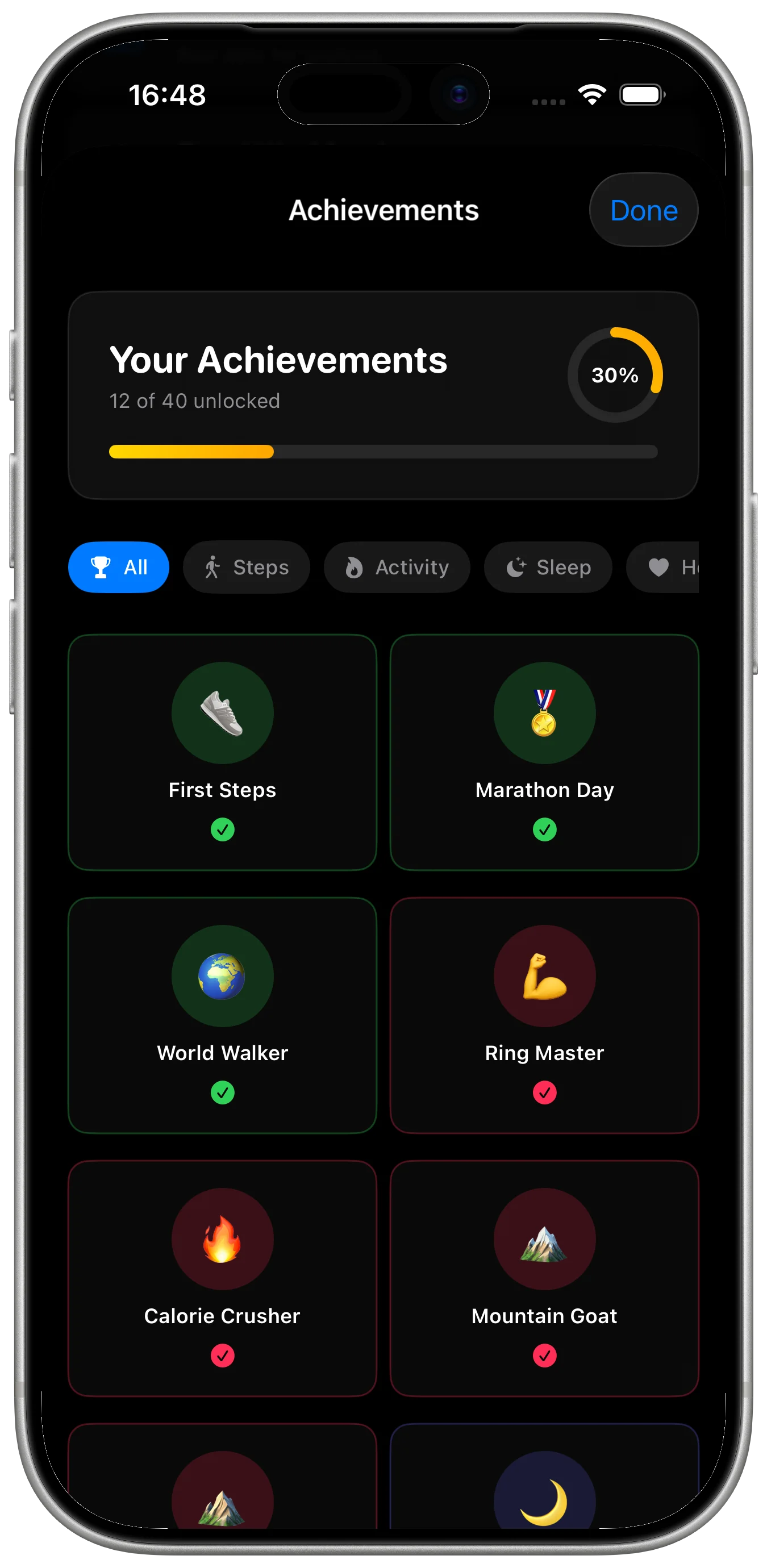 Pulse Story achievements framed in an iPhone with progress and health activity badges