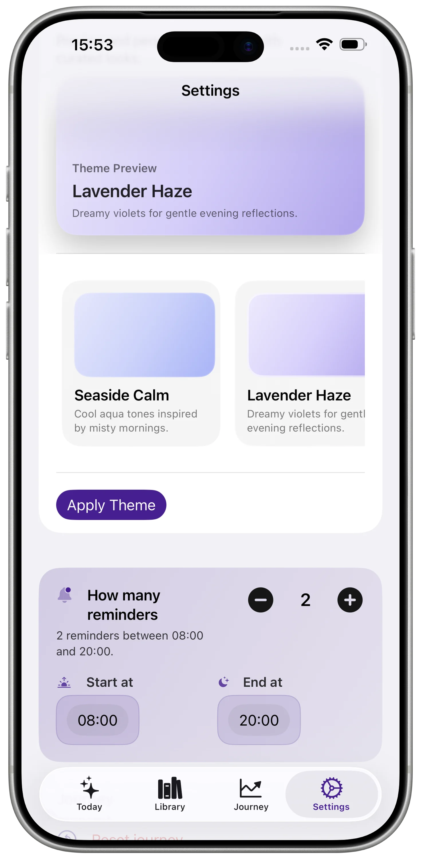 PureMind Affirmations personalization screen