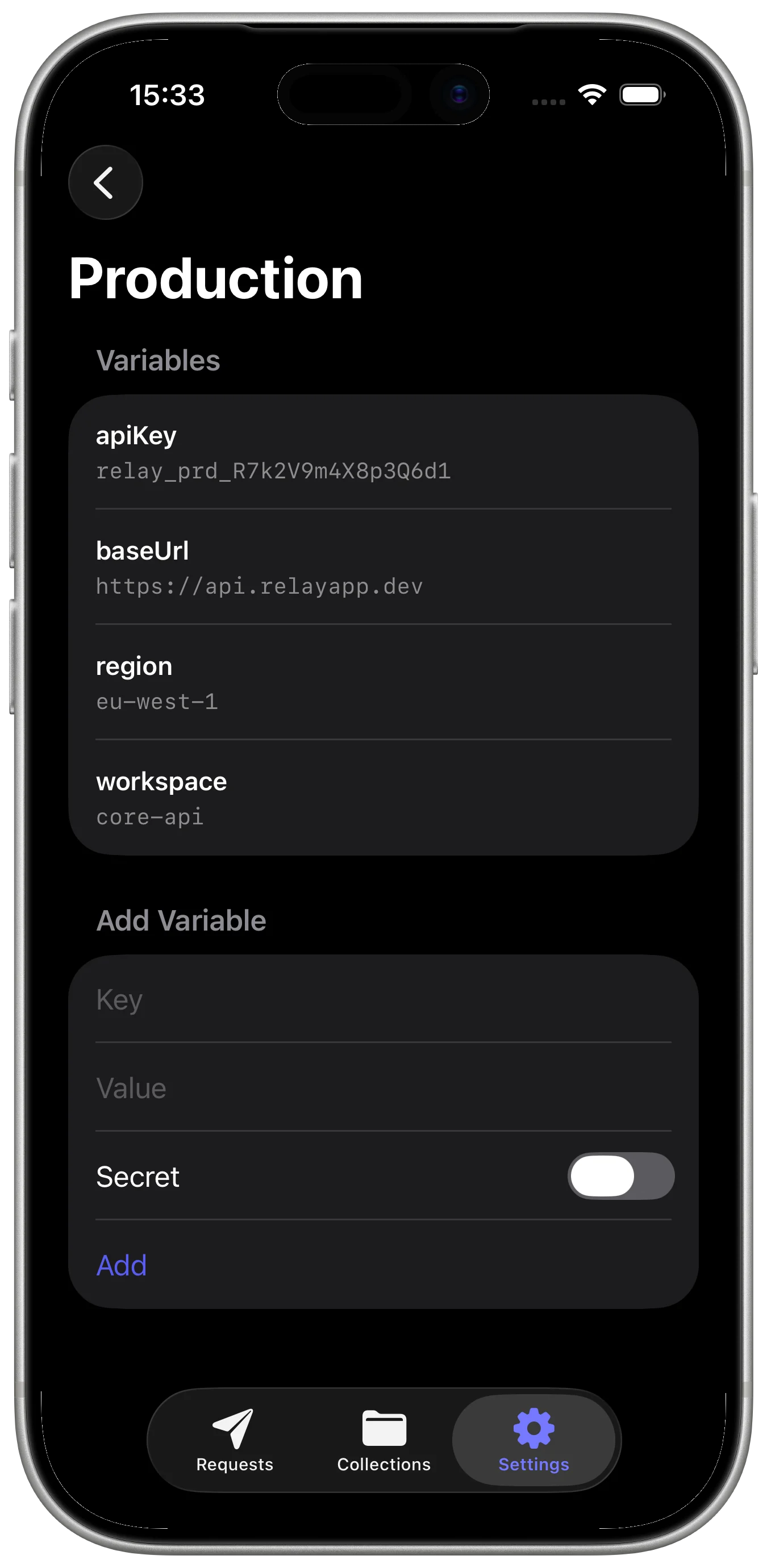 Relay HTTP and REST Client settings screen