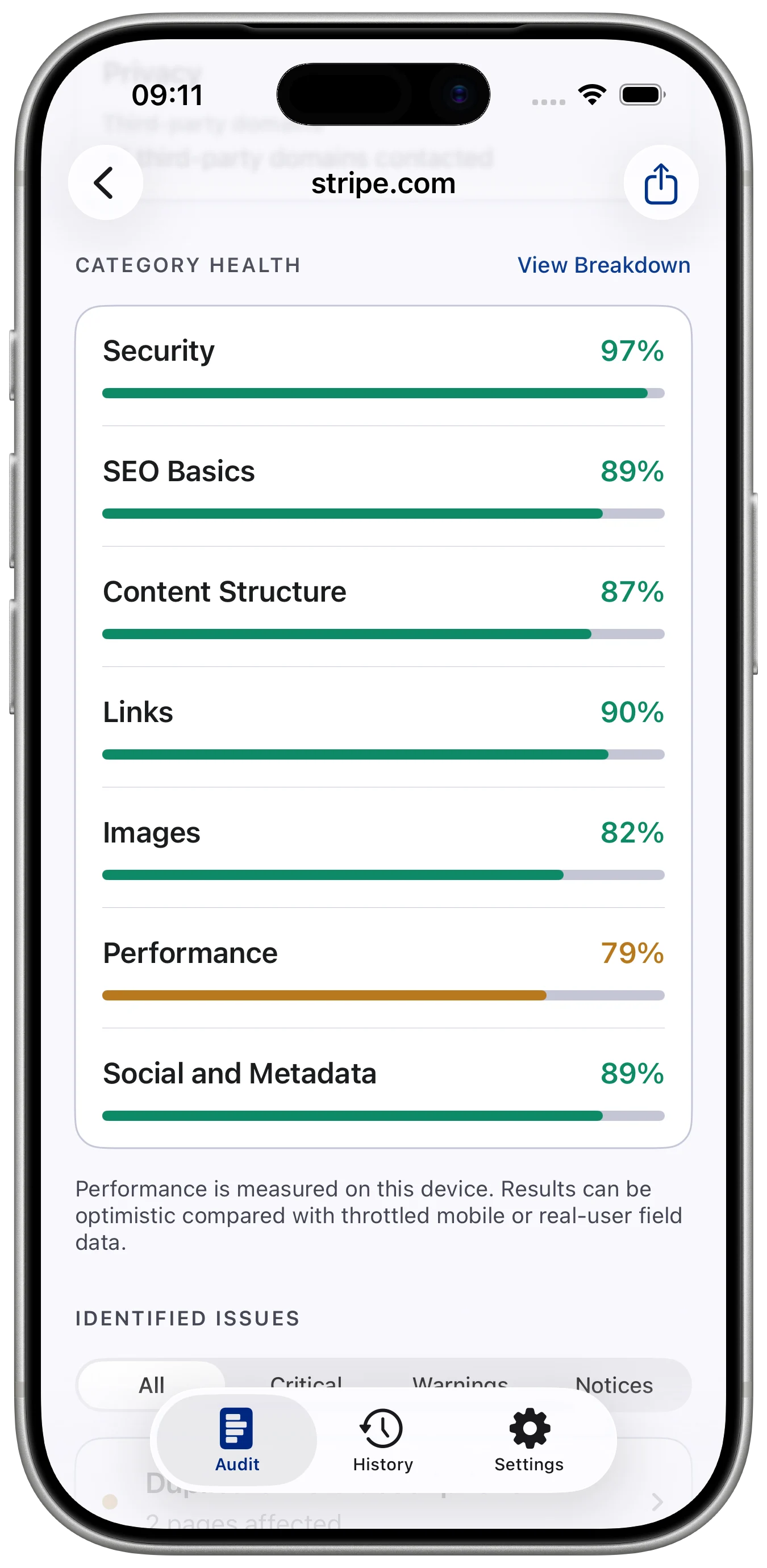 SEO Audit Site Checker results overview screen