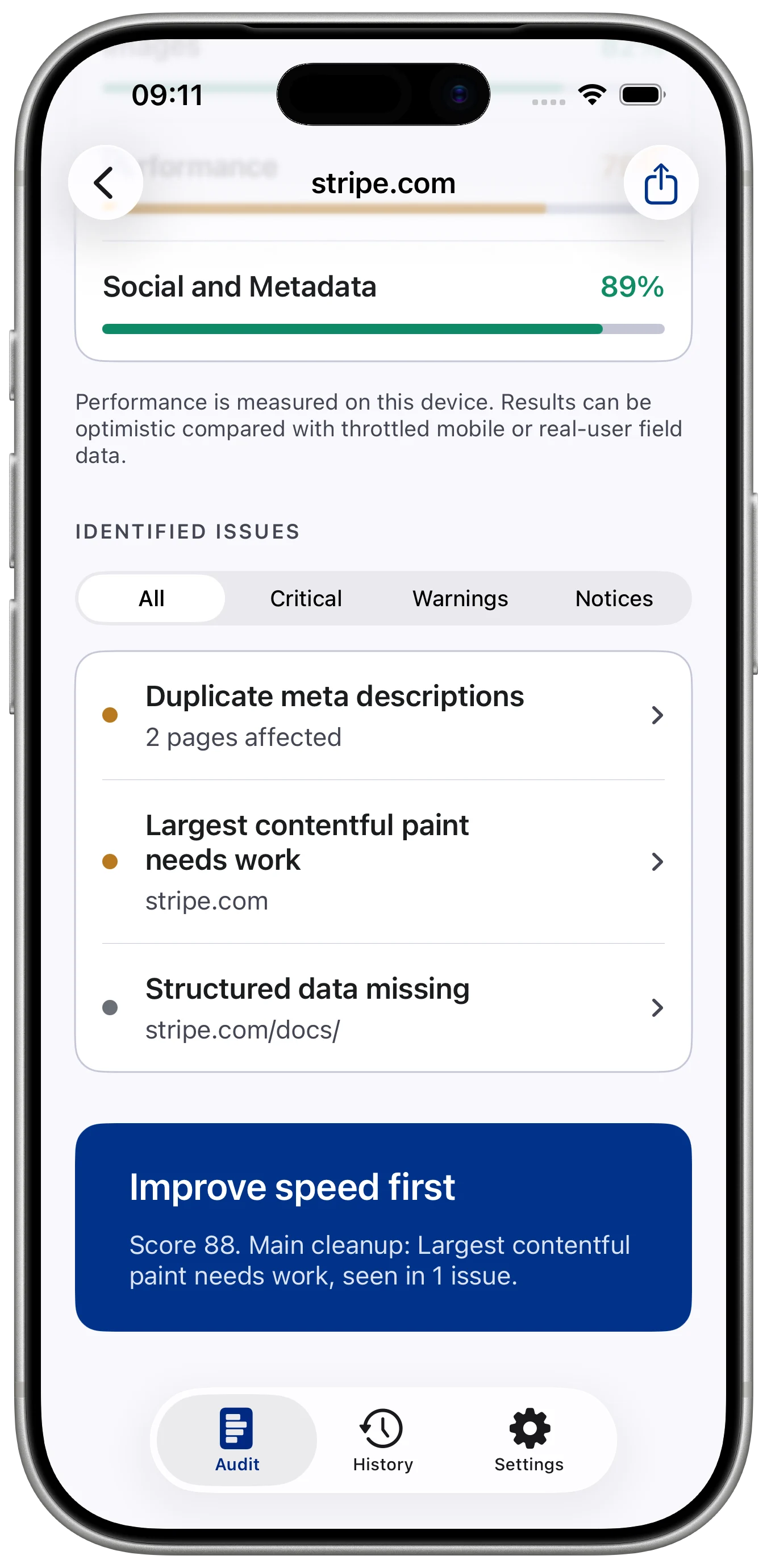 SEO Audit Site Checker issue list screen