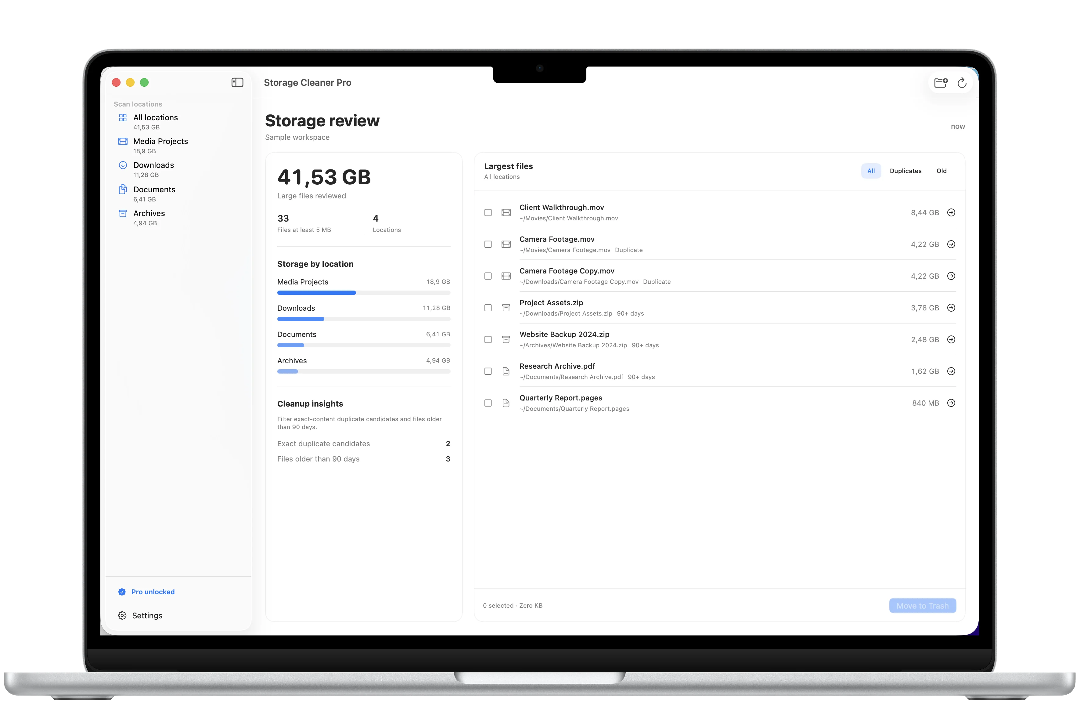 Storage Cleaner Pro overview framed in a MacBook Air with selected folders, reviewed storage, and large-file insights