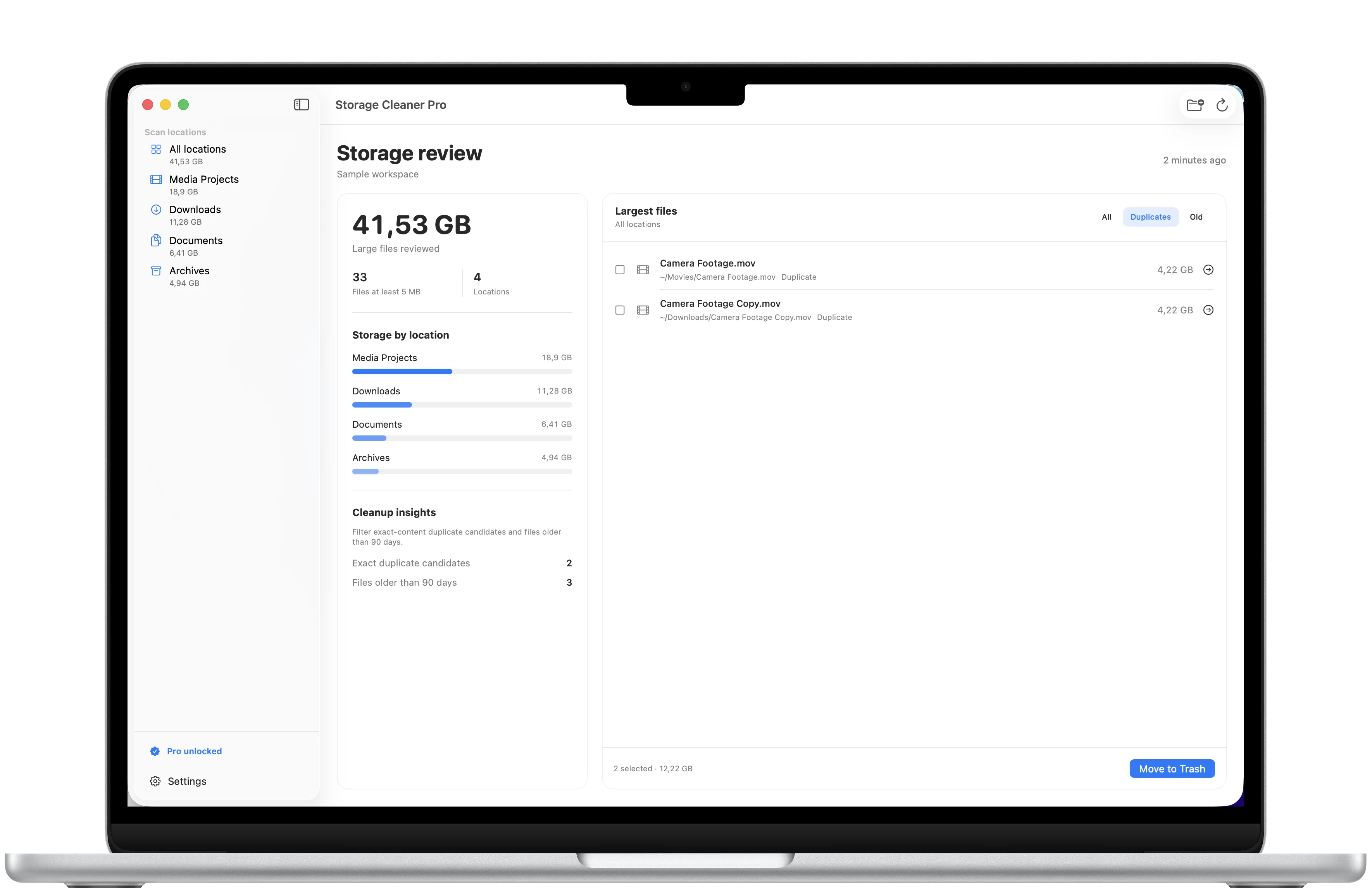 Storage Cleaner Pro exact duplicate candidate filter framed in a MacBook Air with matching reviewed files