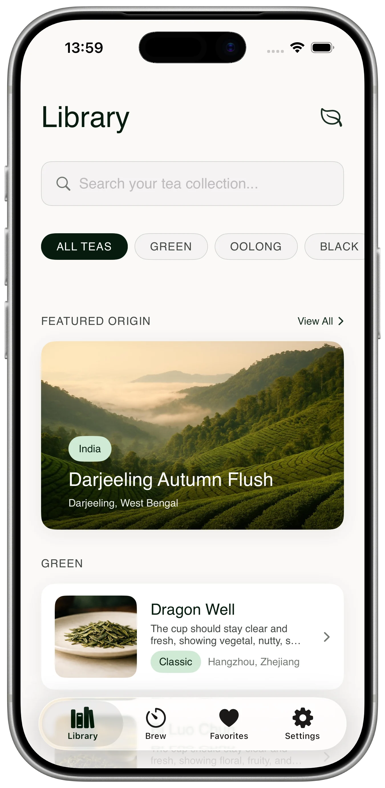 Tea Brewing Master tea library screen