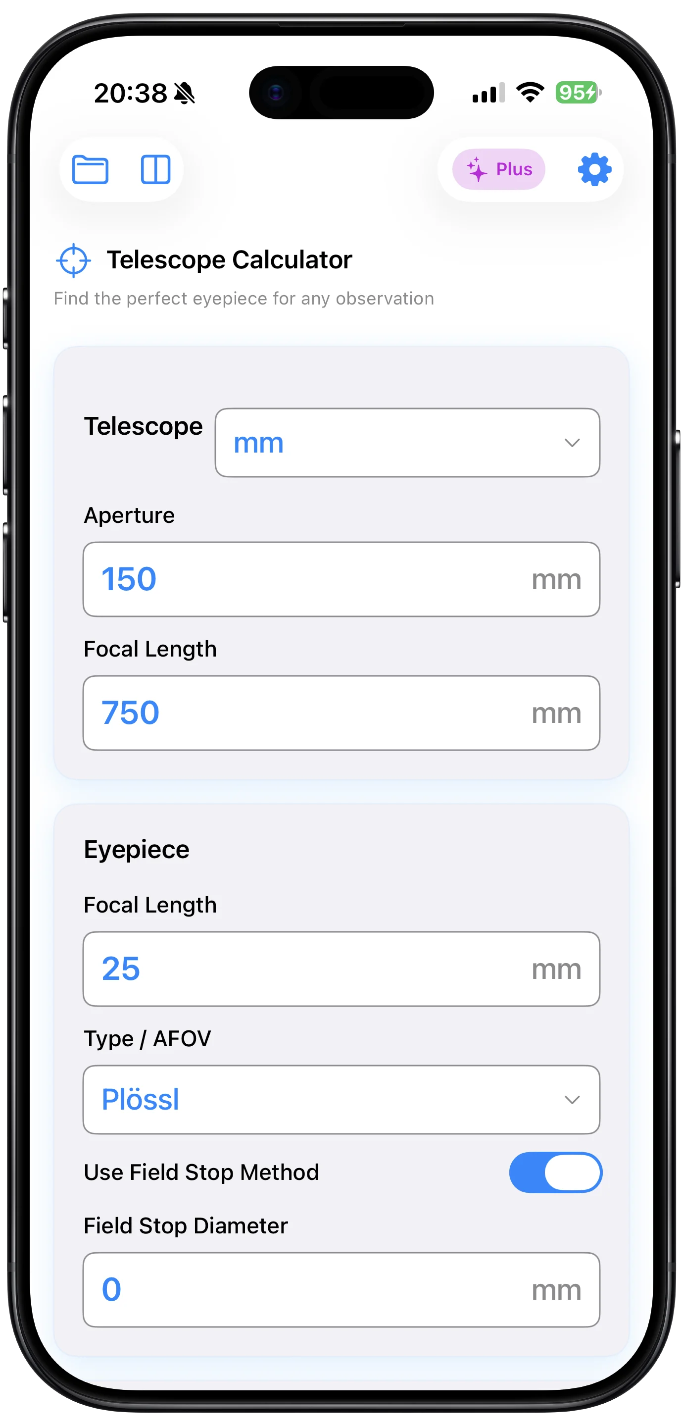 Telescope Eyepiece Calculator app screenshot 1