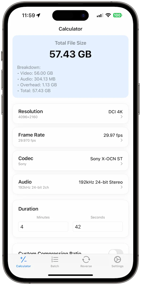 Video Size Calculator Pro app screenshot 1