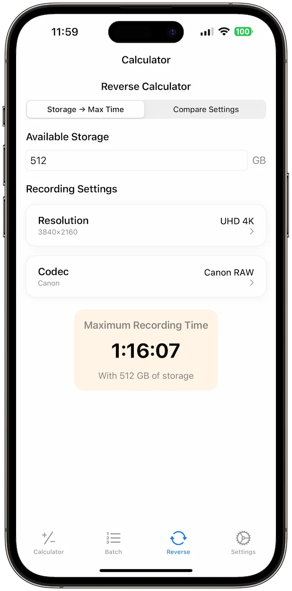 Video Size Calculator Pro app screenshot 2