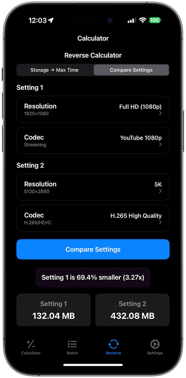 Video Size Calculator Pro app screenshot 5